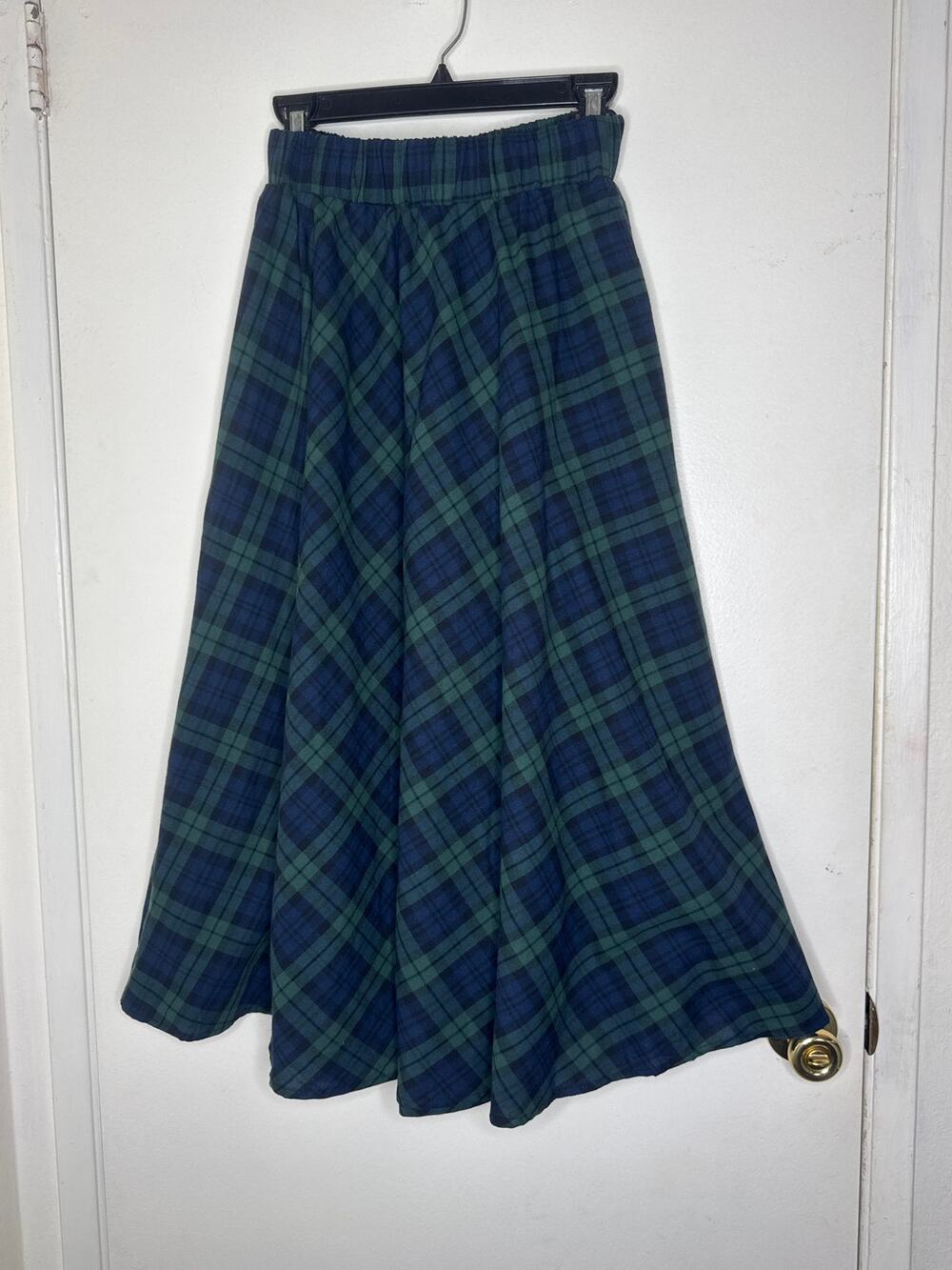 Kate Kasin Black Watch Plaid Midi Skirt Small Green Blue Pleated Tartan A-Line
